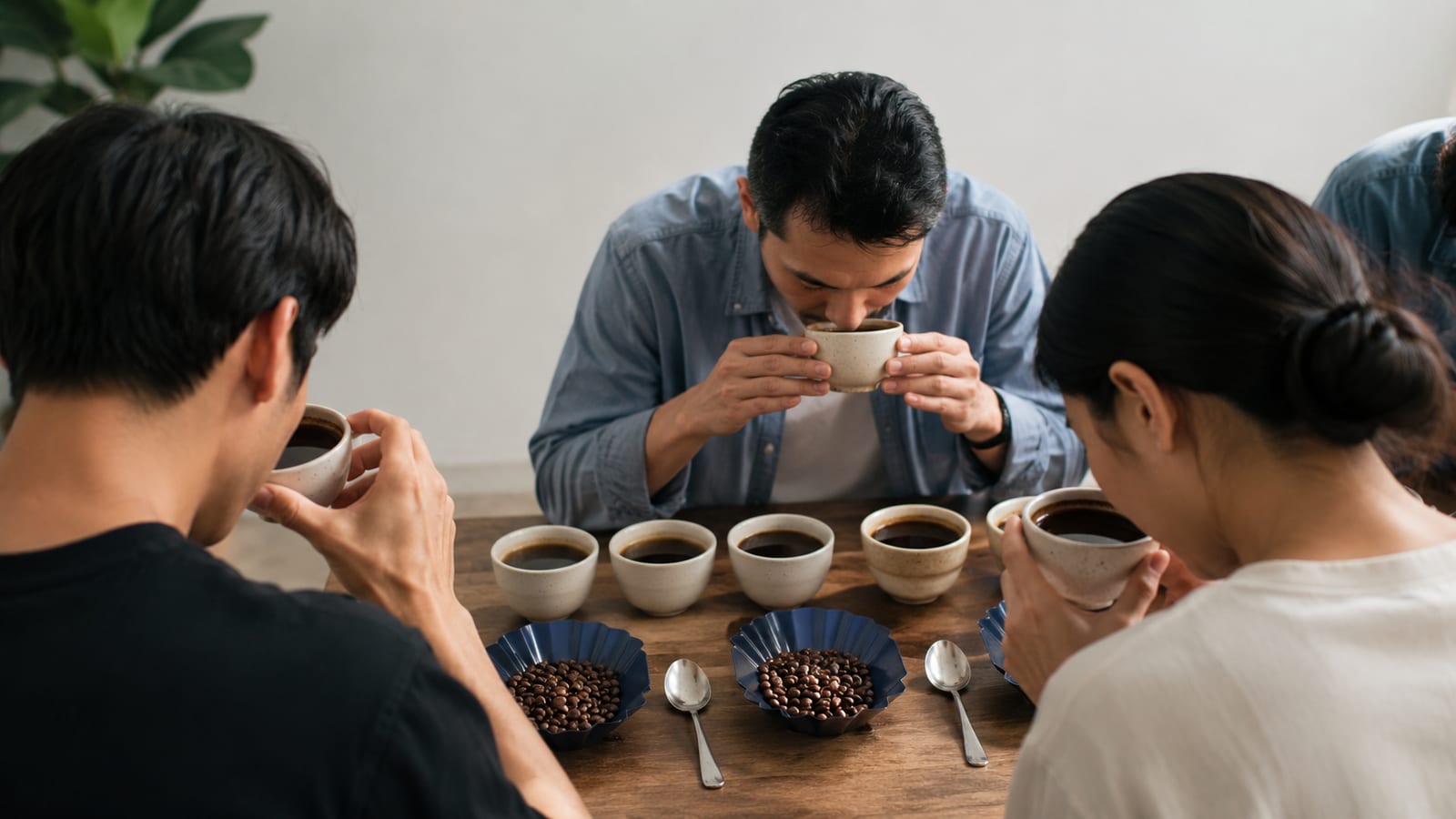 Participants smelling and comparing freshly brewed coffees during an informal guided tasting session