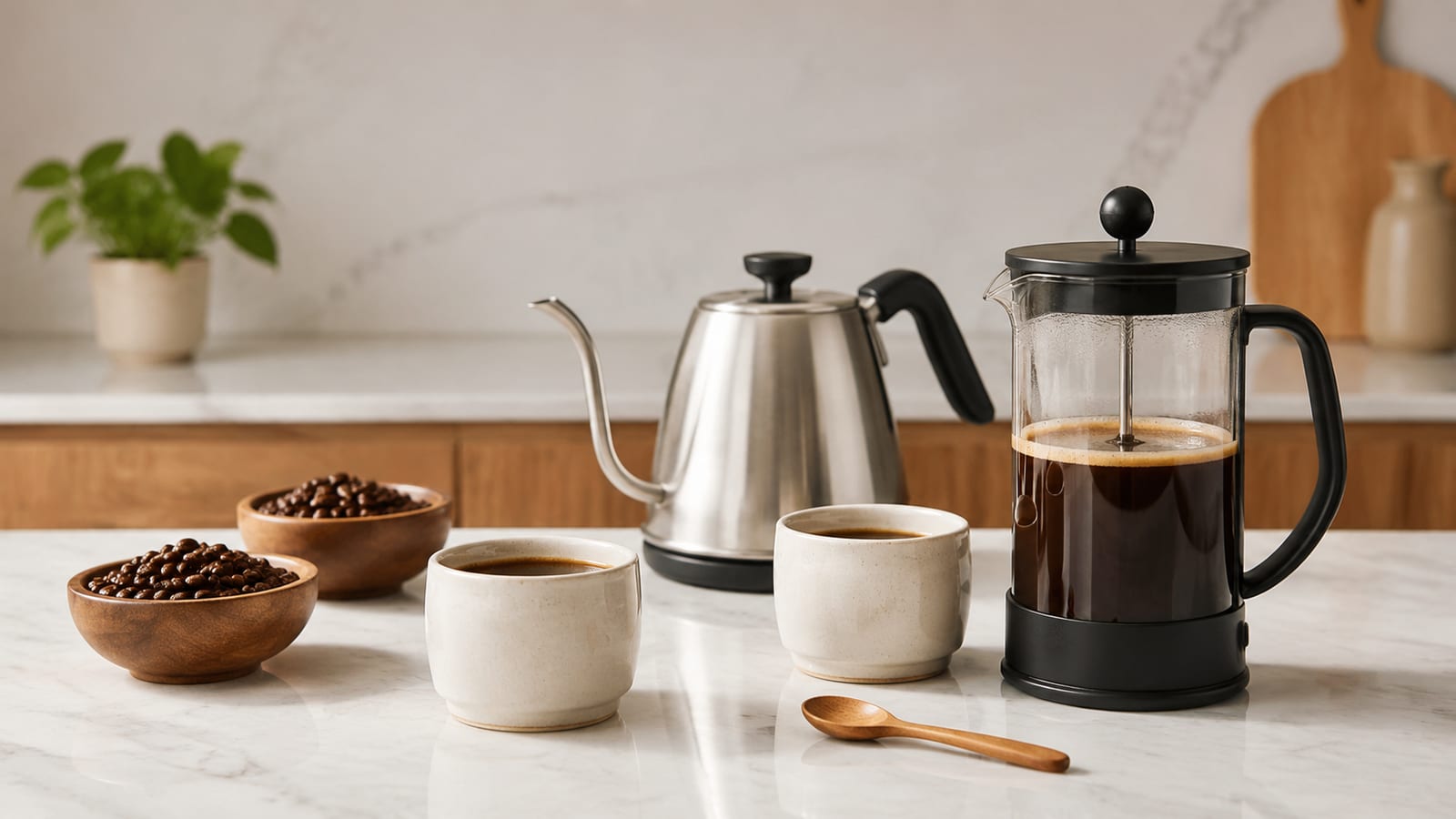 Simple home coffee tasting setup with a French press, kettle, unmarked cups, and fresh beans
