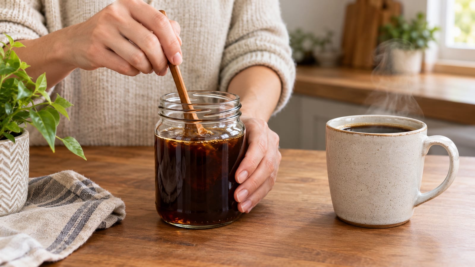 Hands stirring sugar into coffee syrup beside a freshly brewed mug