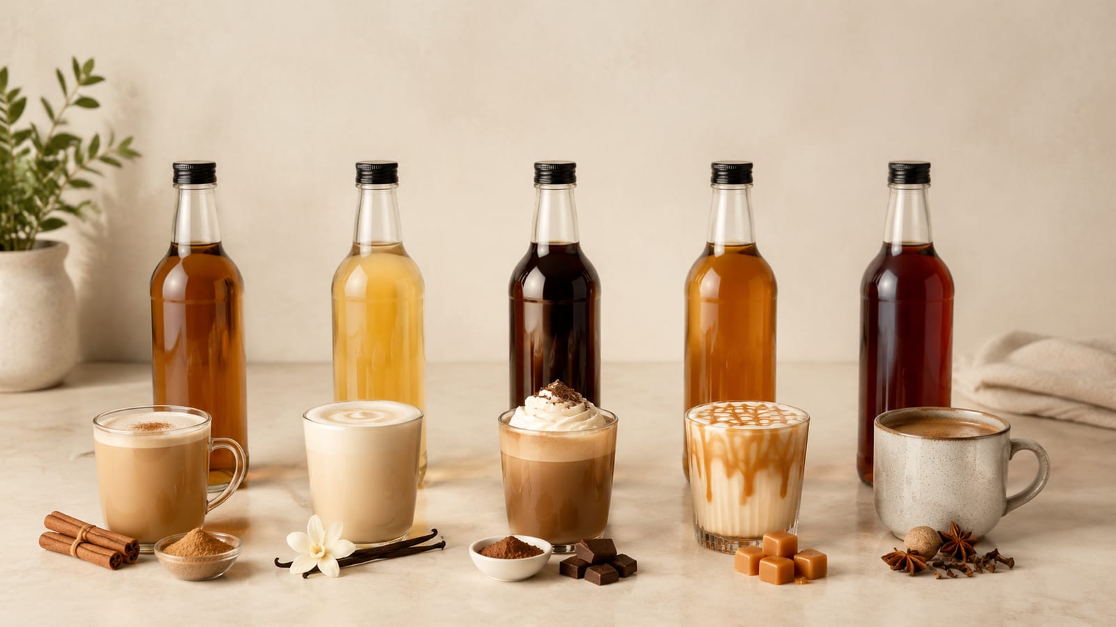 Five colorful homemade syrups paired with coffee flavoring ingredients