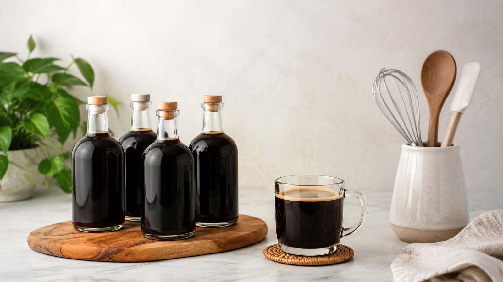 Unlabeled syrup bottles cooling on a kitchen counter beside fresh coffee