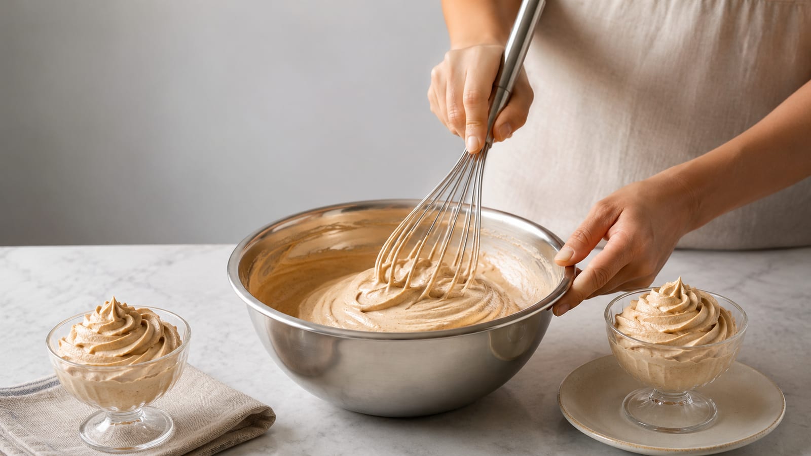 Hands whisking cream with coffee and sugar in a stainless steel mixing bowl
