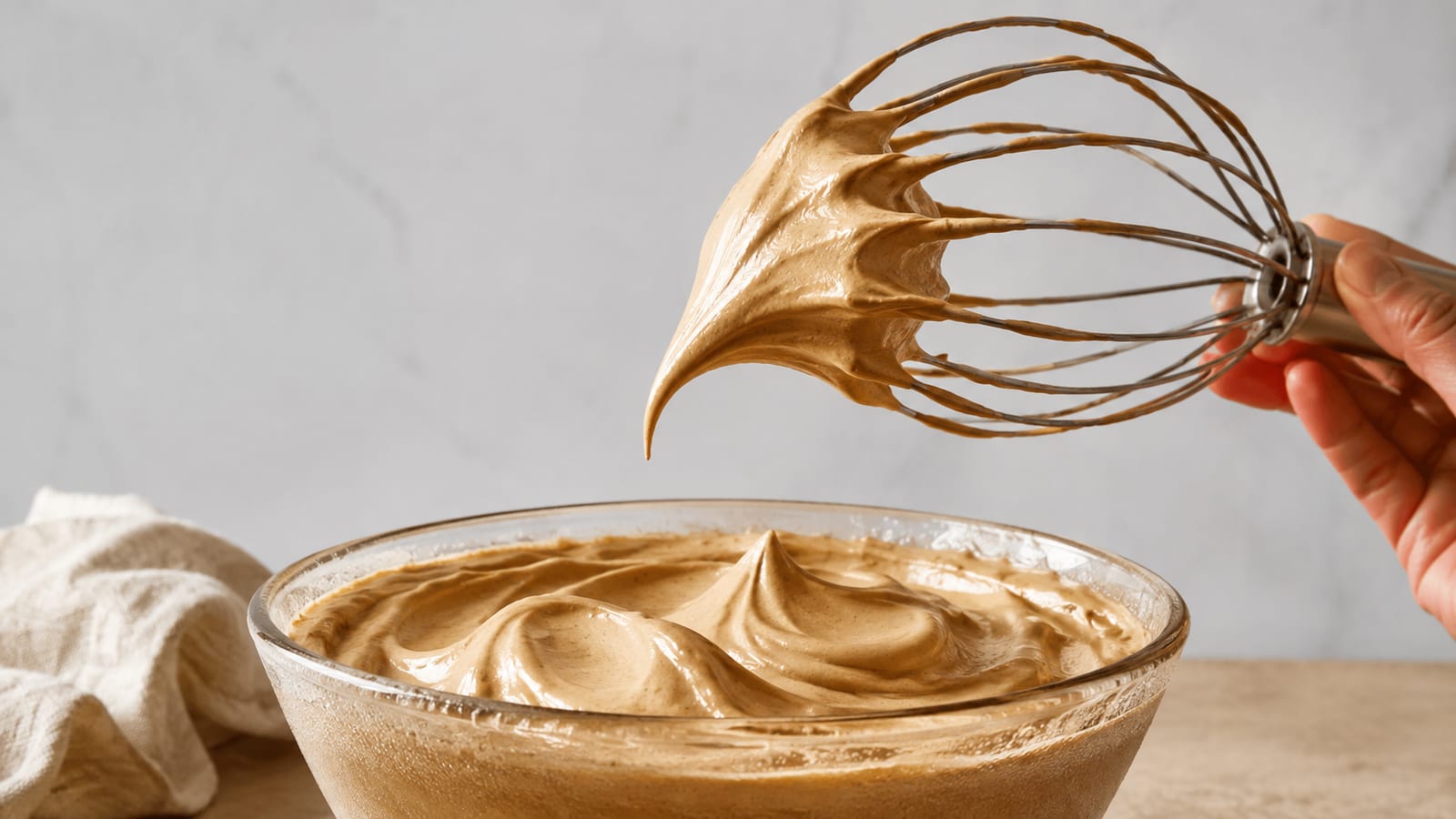 Smooth coffee whipped cream holding soft peaks on a whisk above a mixing bowl