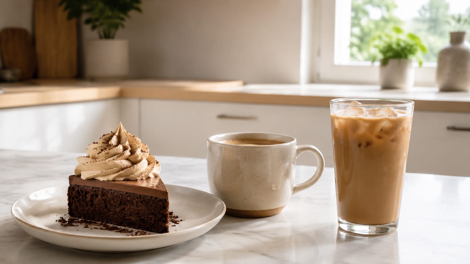 Coffee whipped cream paired with chocolate cake, hot coffee, and a chilled latte