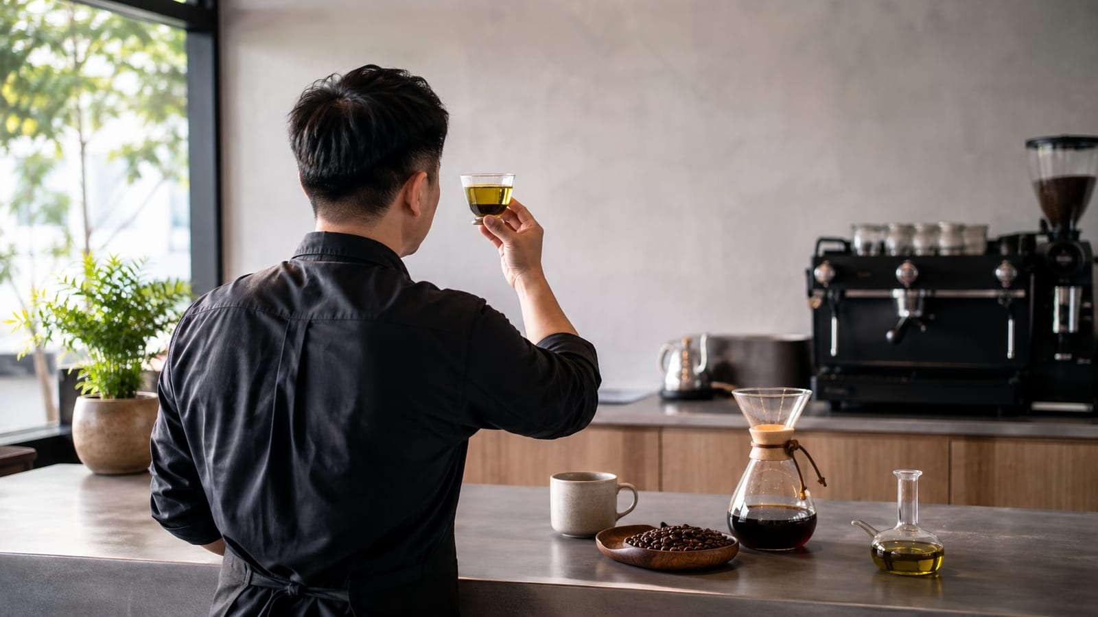 Coffee professional examining olive oil coffee beside brewing equipment on a café counter