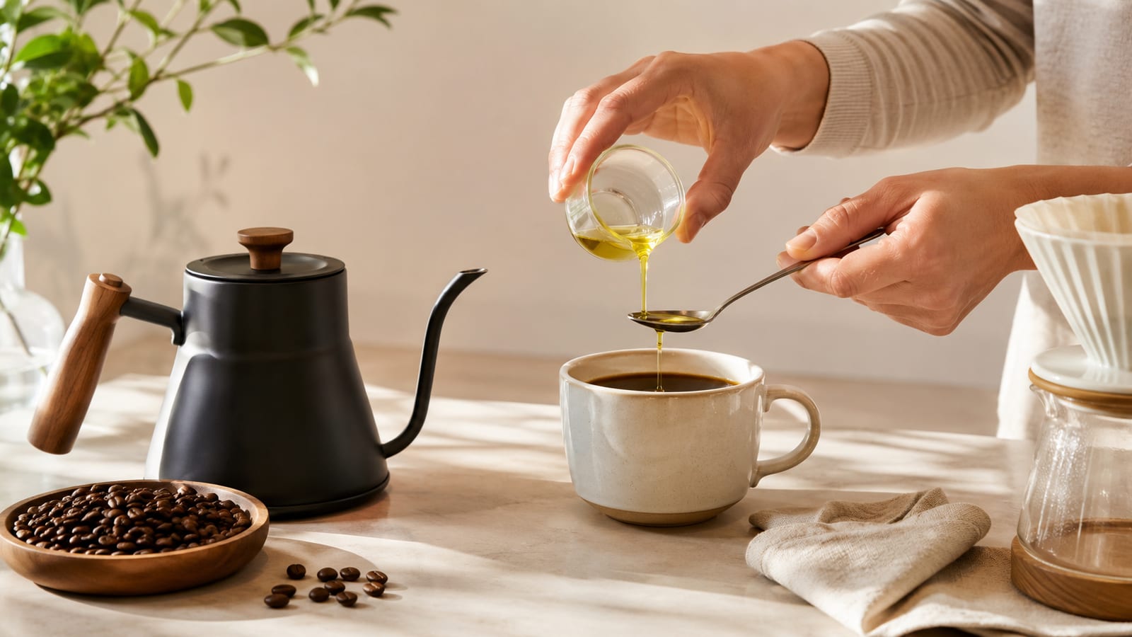 Home brewer adding a measured drizzle of olive oil to freshly prepared coffee