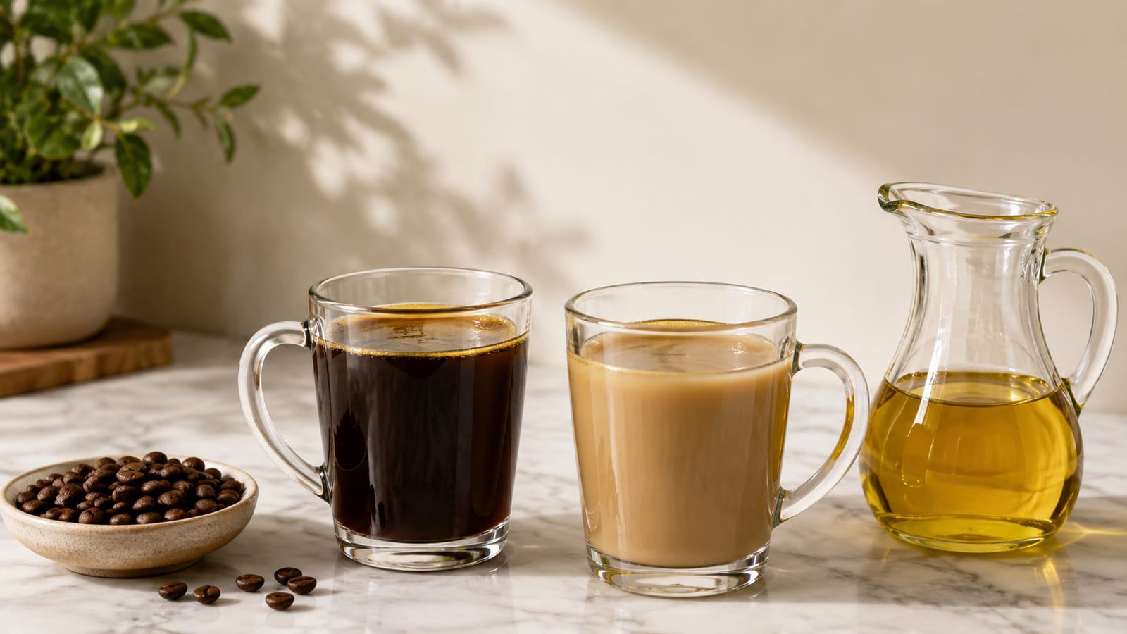 Two olive oil coffee variations showing contrasting black coffee and creamy milk textures