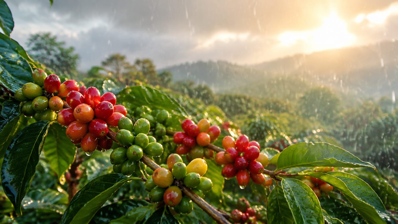 Close view of coffee cherries at different ripeness stages after contrasting rainfall