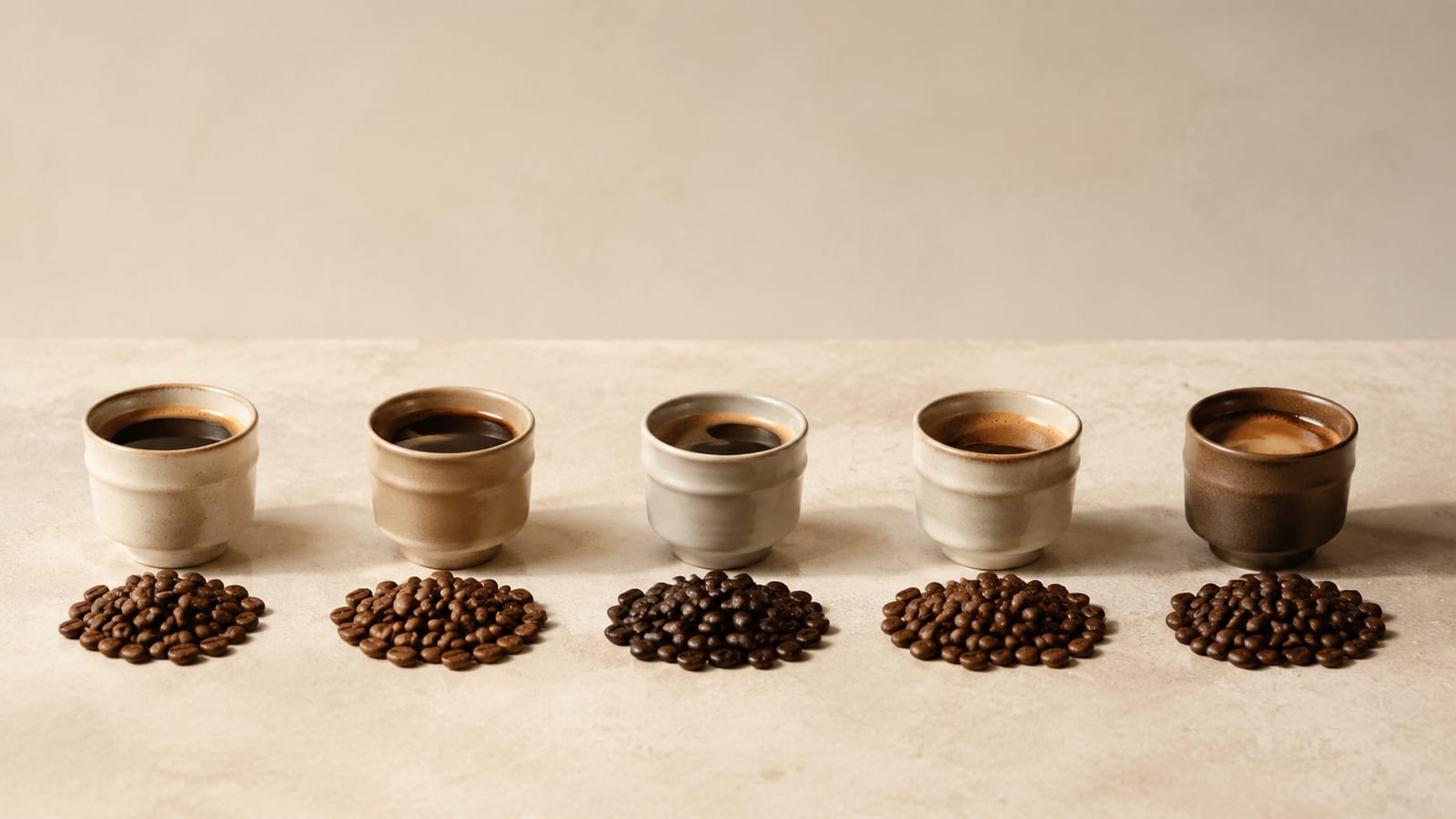 Roasted coffee beans beside brewed cups showing contrasting climate-driven flavor profiles