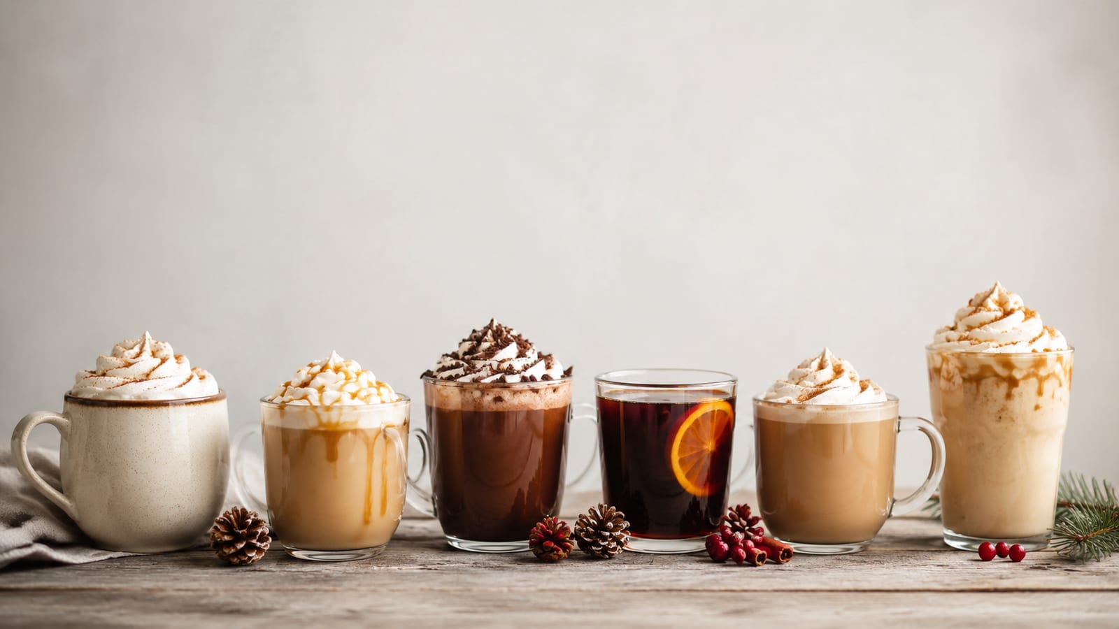 Holiday coffee tasting lineup showing varied toppings, milks, spices, and coffee colors