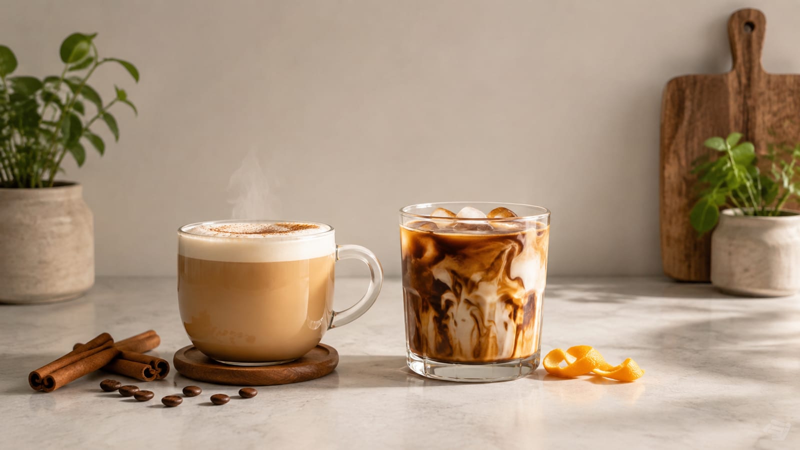 Hot and iced holiday coffees prepared side by side with seasonal garnishes