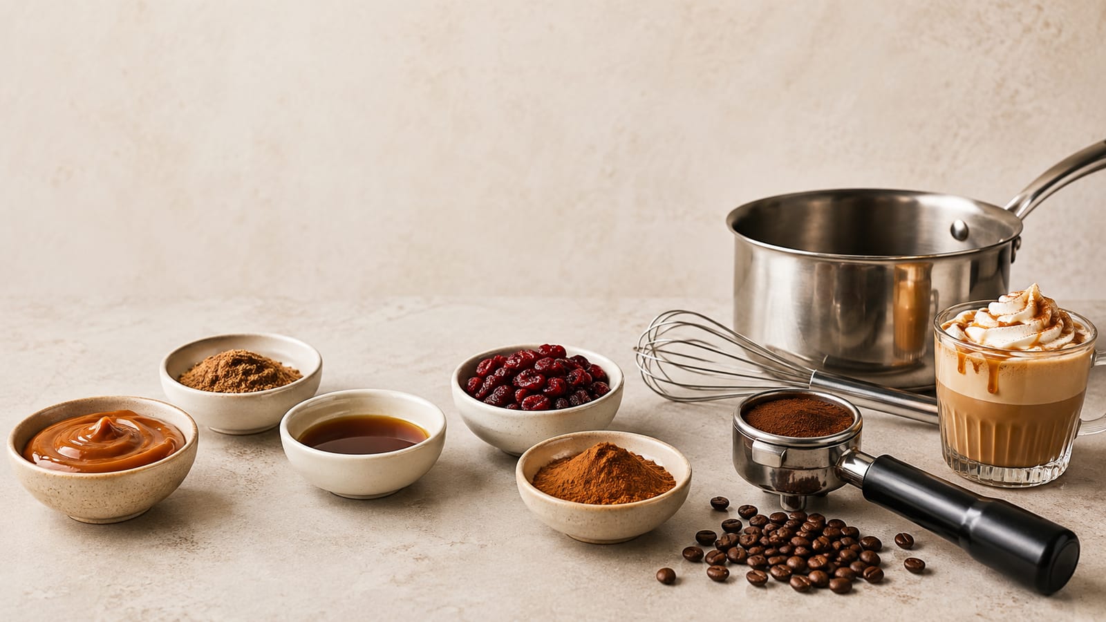 Homemade coffee syrups and spice ingredients arranged beside brewing equipment