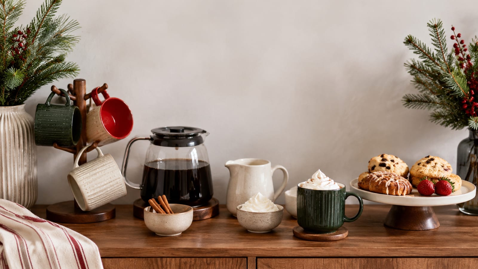 Festive coffee service arranged for guests with mugs, cream, spices, and pastries