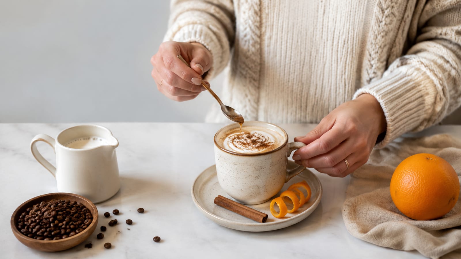 Barista adjusting a freshly prepared holiday coffee beside fresh ingredients