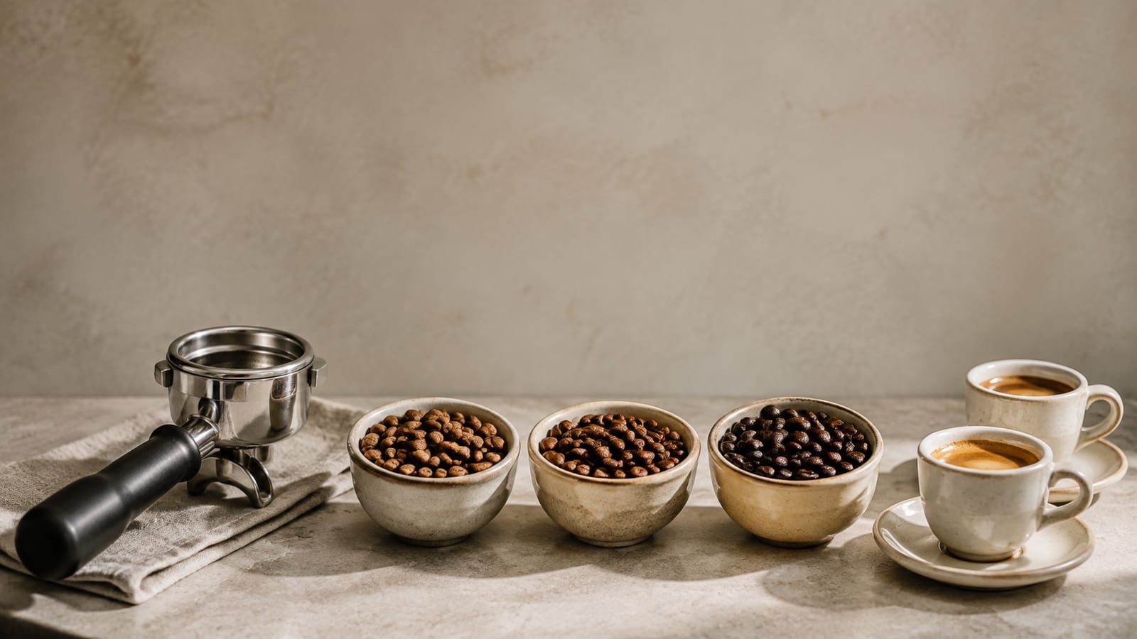 Several espresso bean varieties displayed in plain bowls beside a portafilter