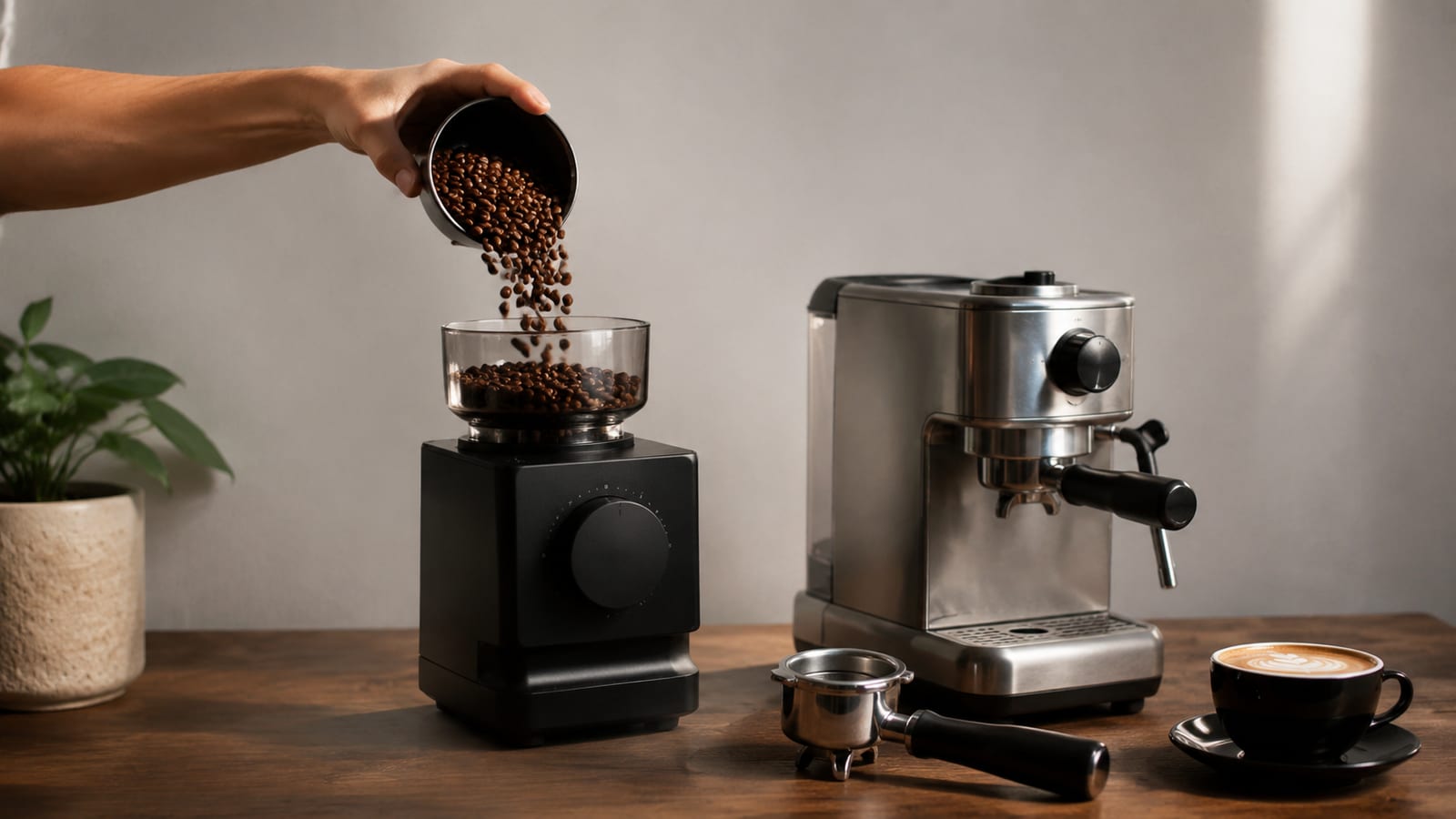 Fresh coffee beans entering a burr grinder beside simple espresso equipment