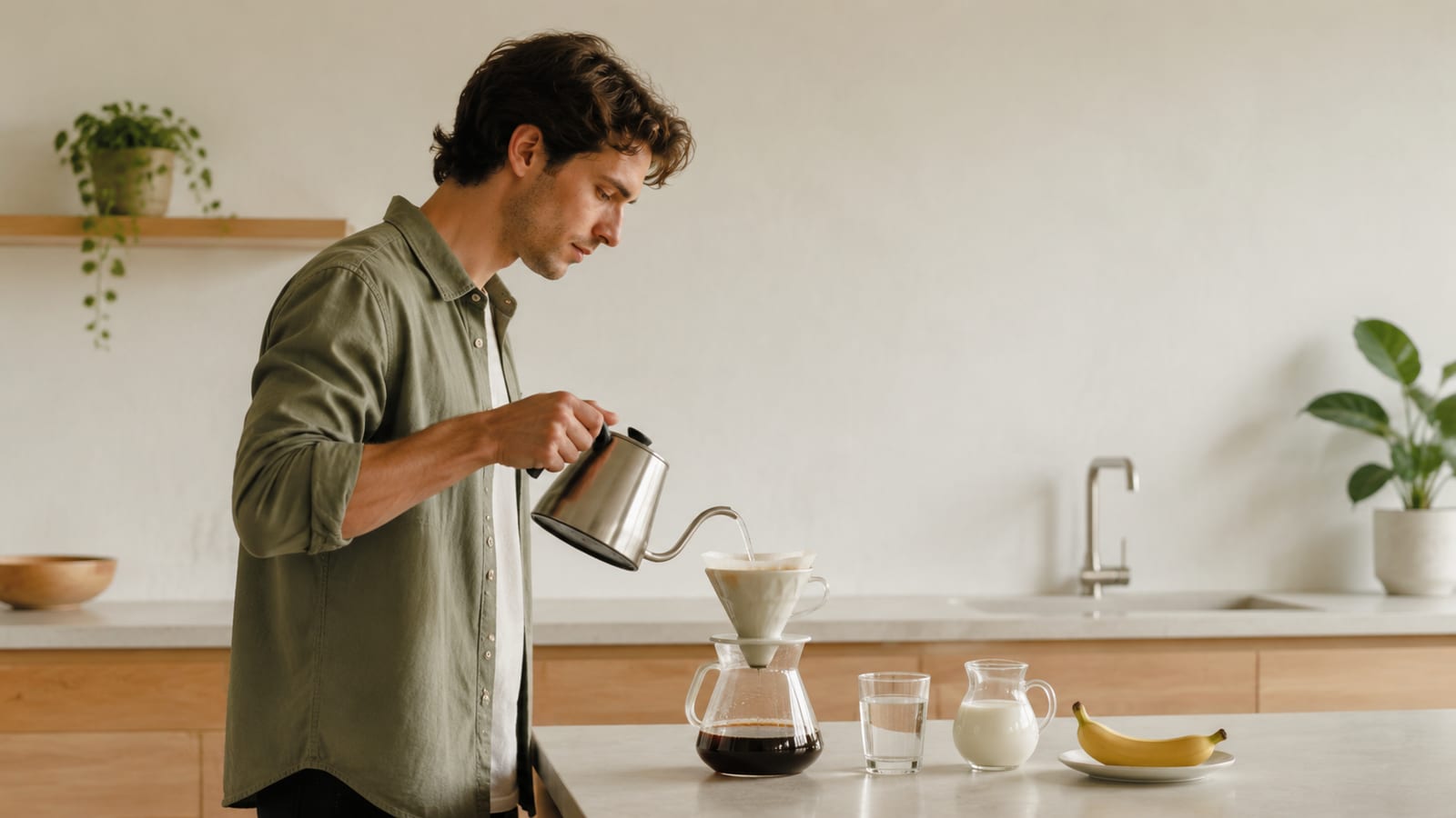 Home brewer preparing balanced recovery coffee alongside water and a simple snack