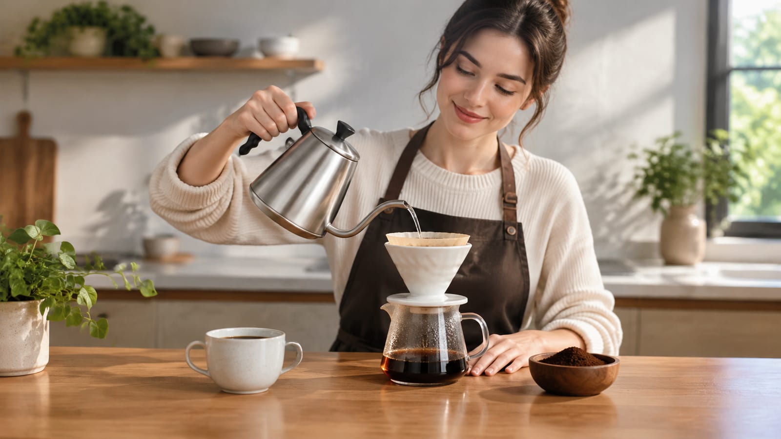 Simple stovetop kettle and manual brewer preparing coffee beside ground beans on a wooden counter