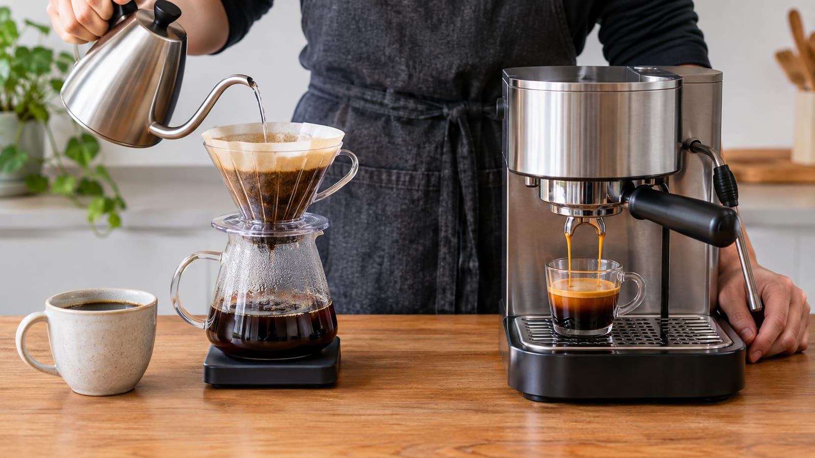 Pour-over bloom and espresso pre-infusion equipment arranged together for a practical comparison on a table