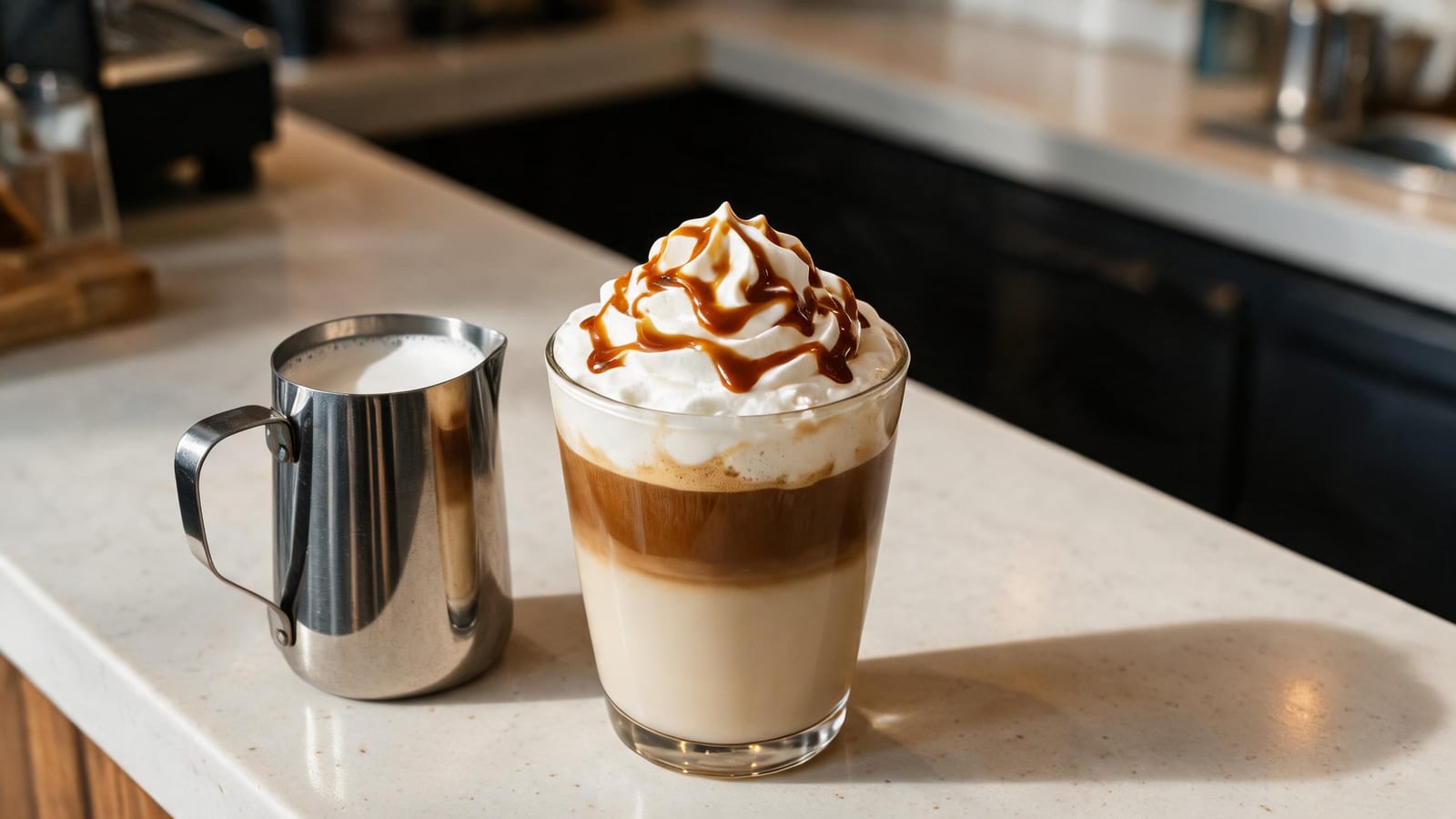 Caramel Macchiato Chai topped with whipped cream and caramel drizzle beside a stainless milk pitcher