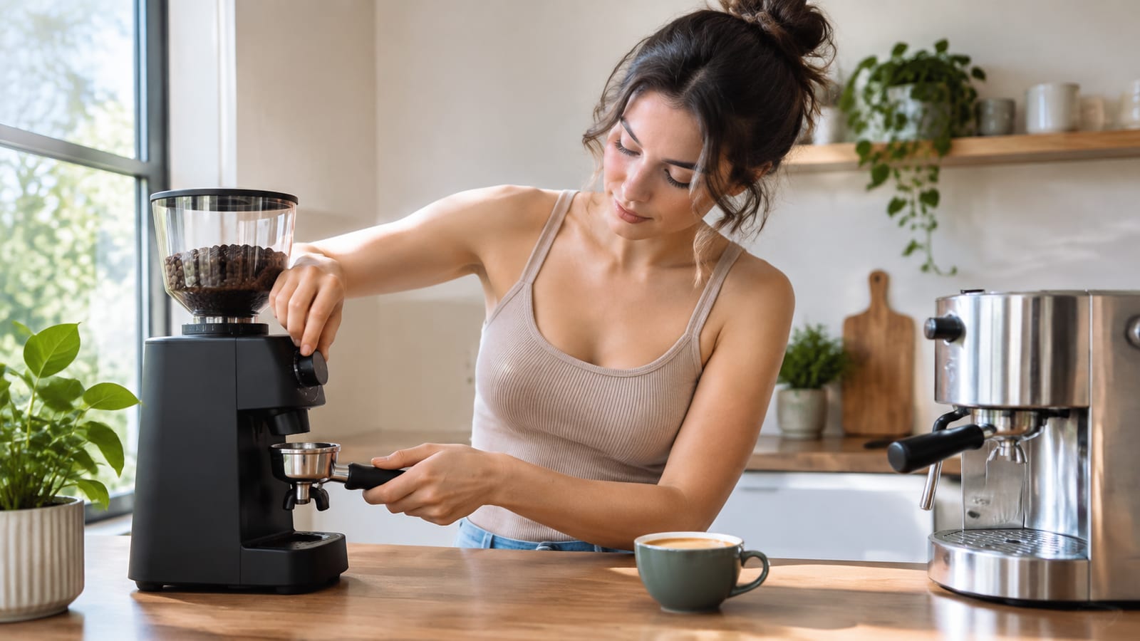 Barista adjusting espresso grind and extraction with simple home brewing equipment at a wooden counter