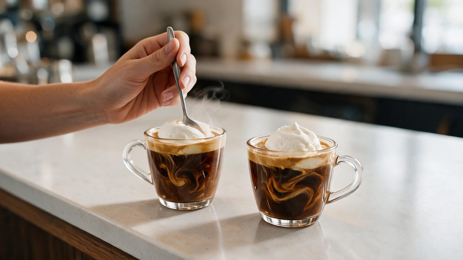 Two glass mugs of Monte Cristo Coffee topped with whipped cream on a kitchen counter