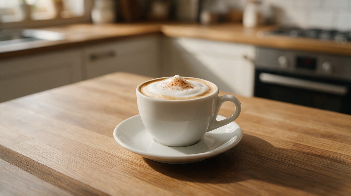 Wiener Melange Coffee with dusted foam in a white cup on a wooden kitchen counter