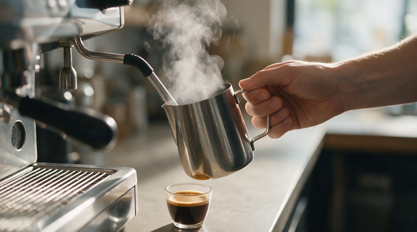 Wiener Melange Coffee in a glass cup beside an espresso machine and steaming milk pitcher