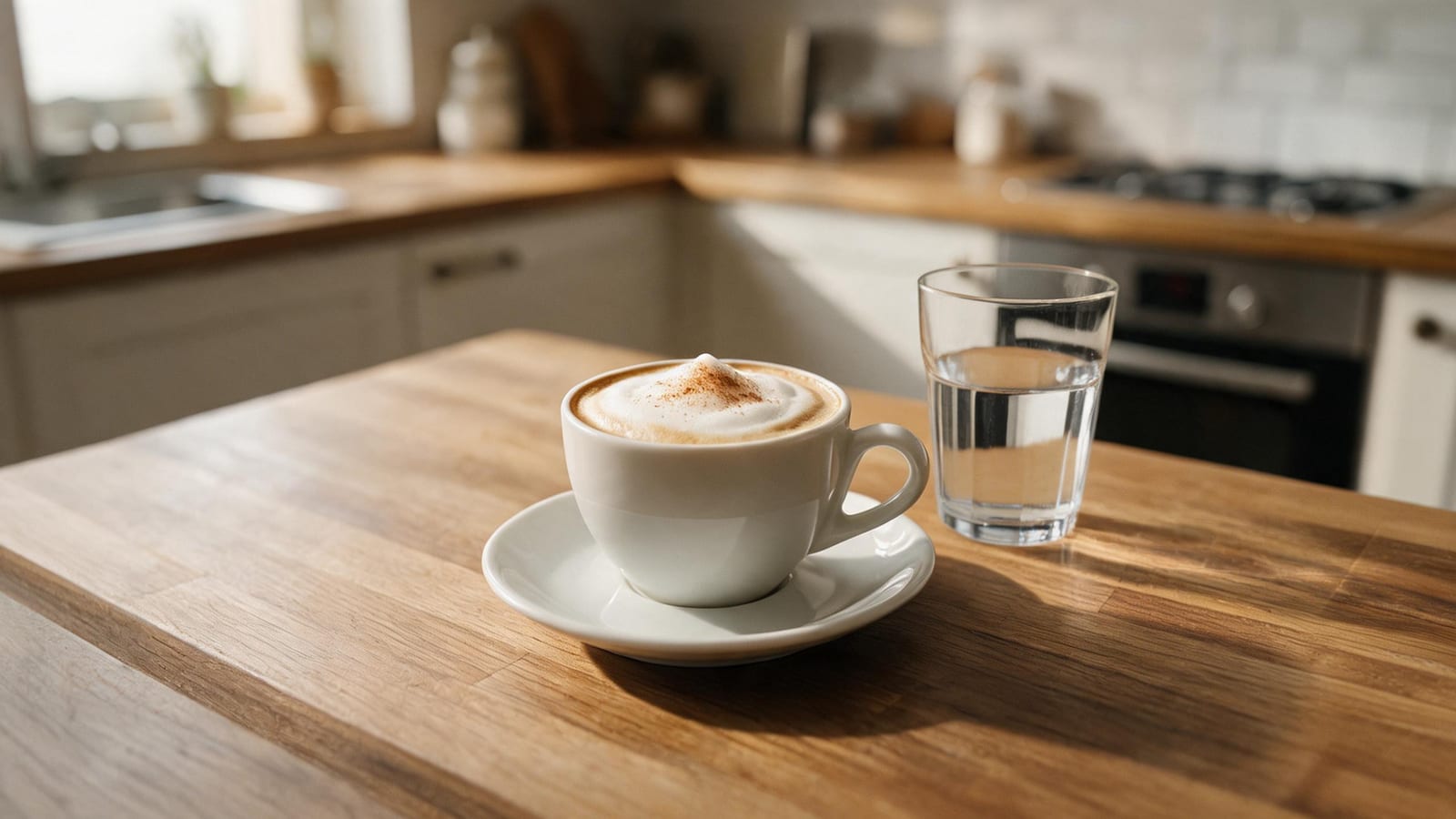 Wiener Melange Coffee in a white cup beside a glass of water on a wooden counter