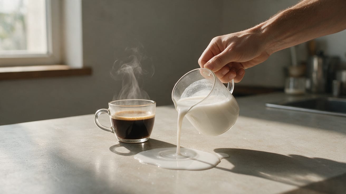Coconut Cream Coffee in a clear glass cup beside cream spilling onto a countertop
