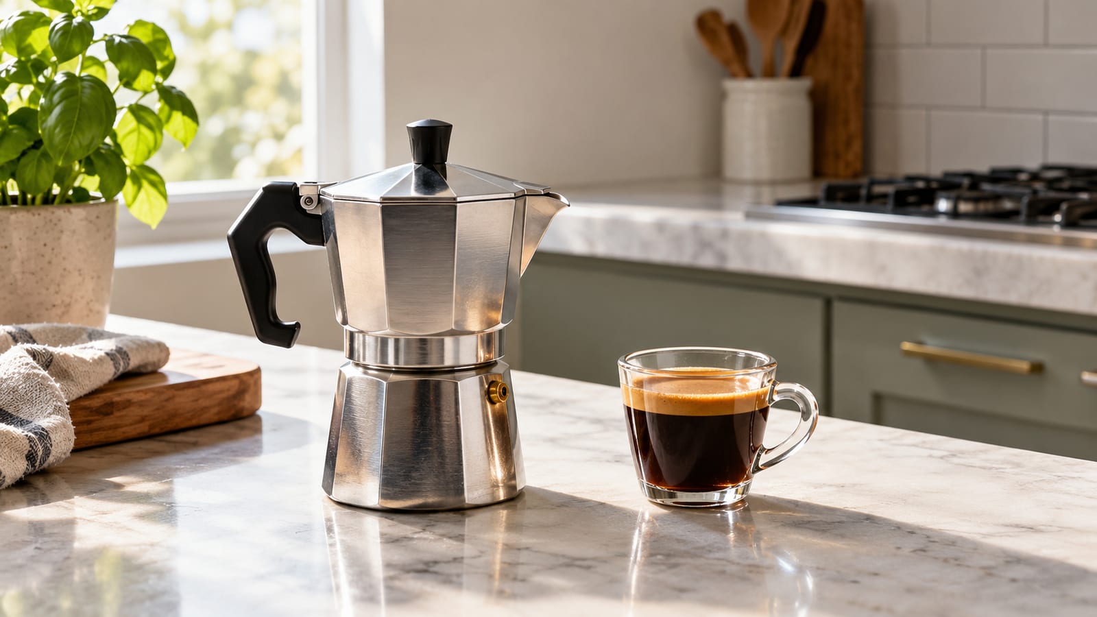 Stainless steel moka pot and glass coffee cup on marble countertop with potted plant
