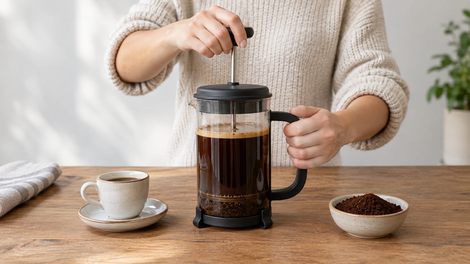 Person in beige sweater holding French press filled with coffee on wooden table
