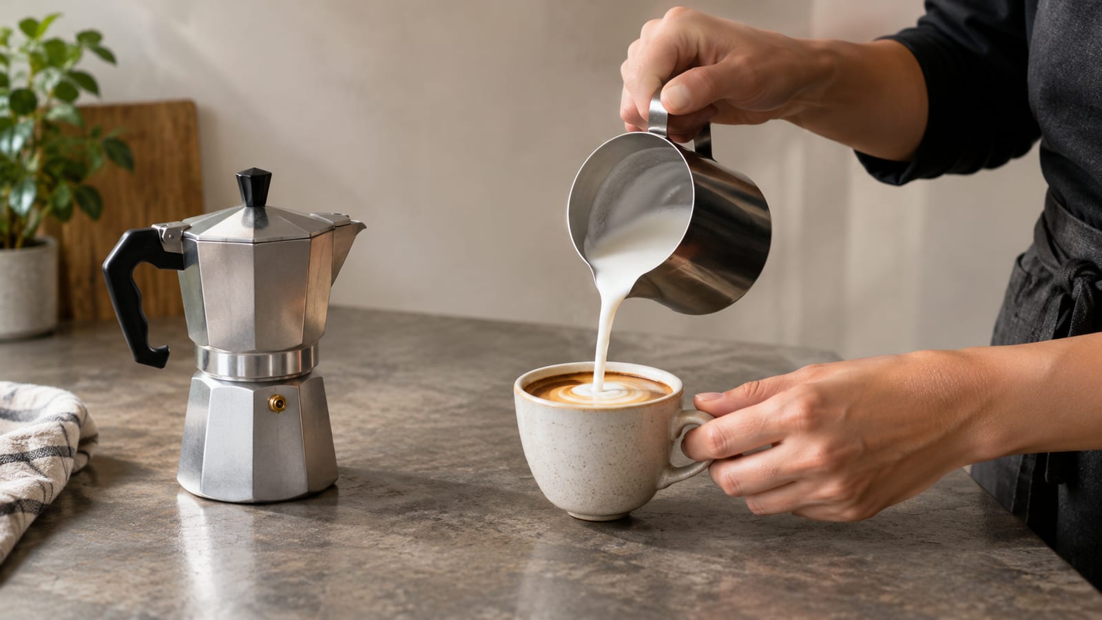 Espresso-style coffee concentrate topped with steamed milk in a small ceramic cup