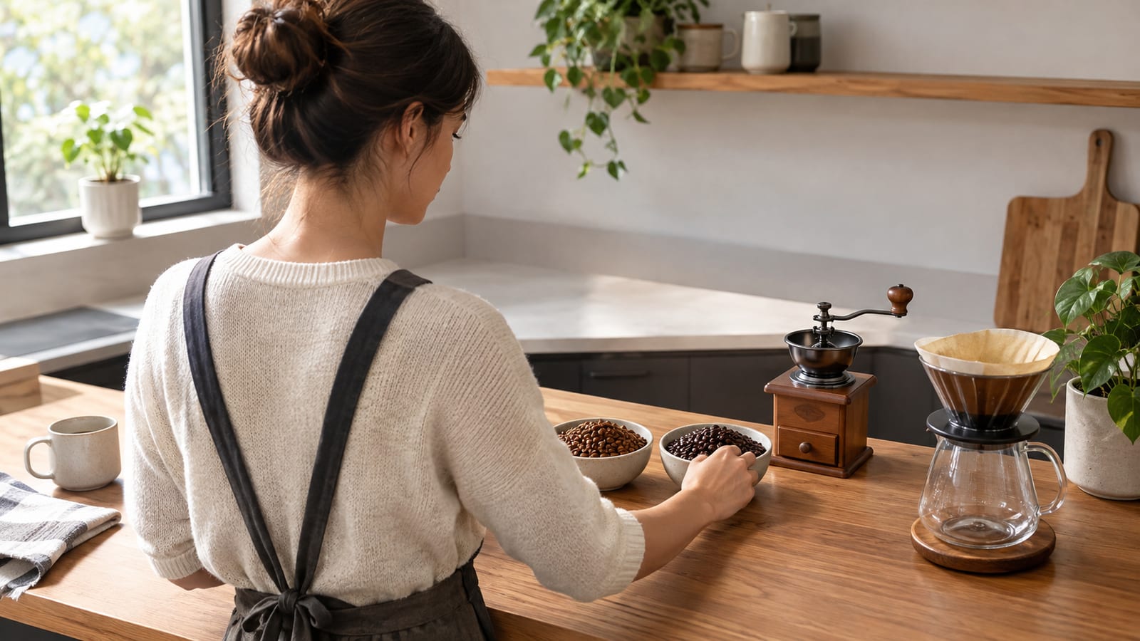 Woman viewed from behind reaches for coffee beans on kitchen counter with grinder and dripper
