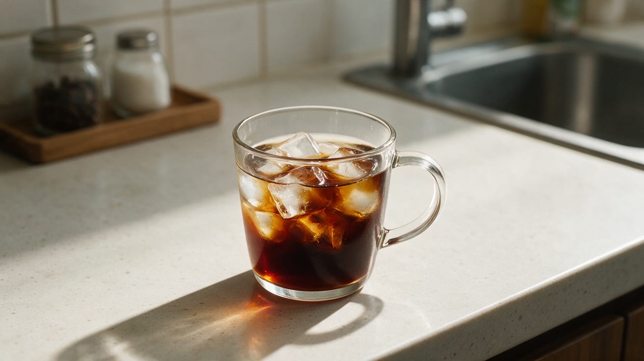 Low-Acid Cold Brew Coffee with ice in a glass mug on a kitchen counter
