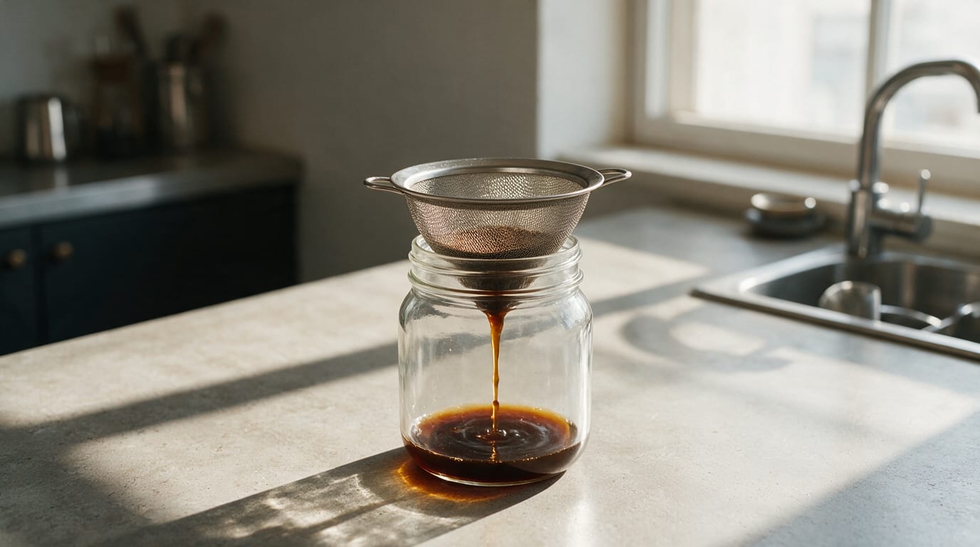 Low-Acid Cold Brew Coffee dripping through a strainer into a glass jar on a counter