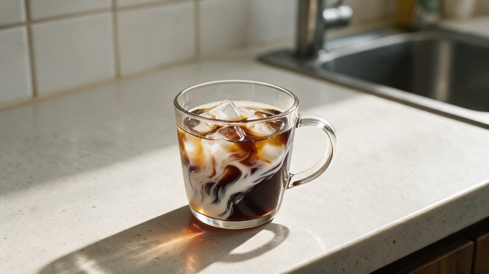 Low-Acid Cold Brew Coffee with swirling milk in a glass mug on a counter