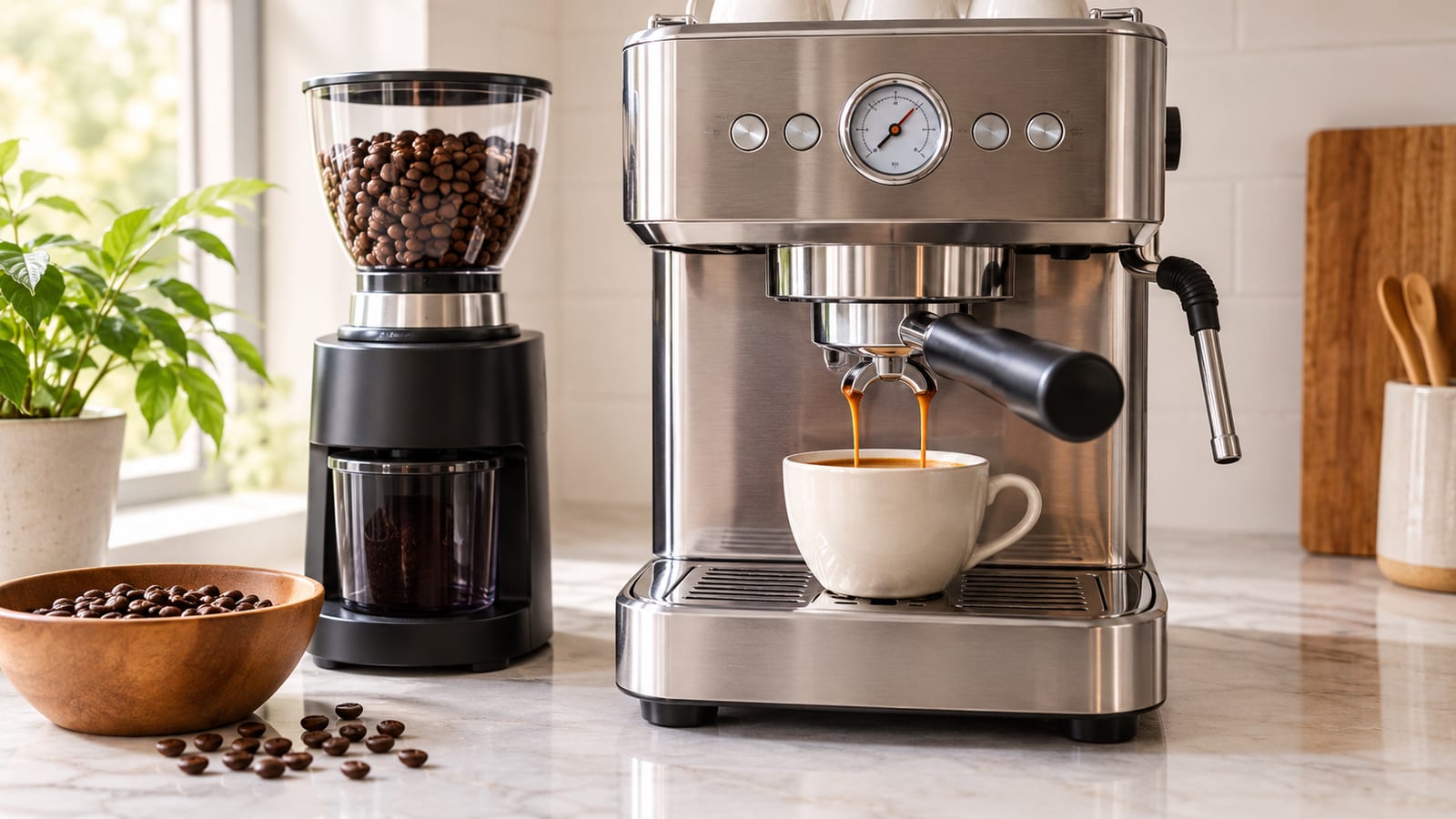 Espresso machine pouring into a white cup beside a grinder on a marble countertop