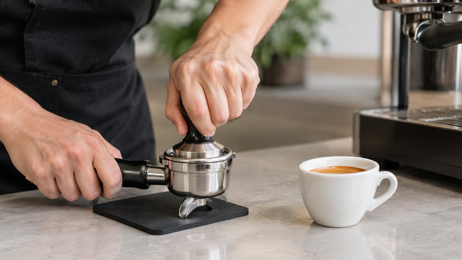 A barista tamping ground coffee into a portafilter beside a white espresso cup