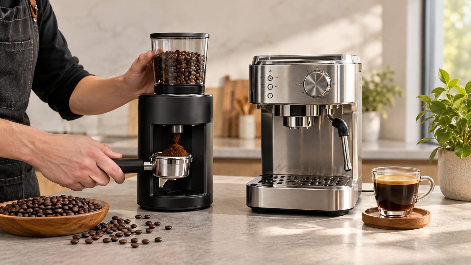 Barista grinding coffee beans into a portafilter beside a stainless steel espresso machine