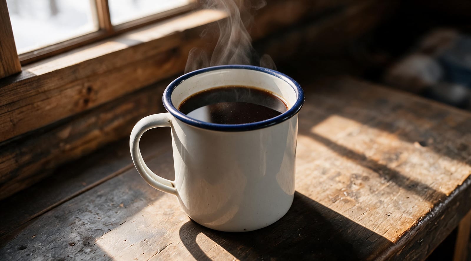 Steaming Cowboy Coffee in a white enamel mug on a sunlit rustic wooden windowsill