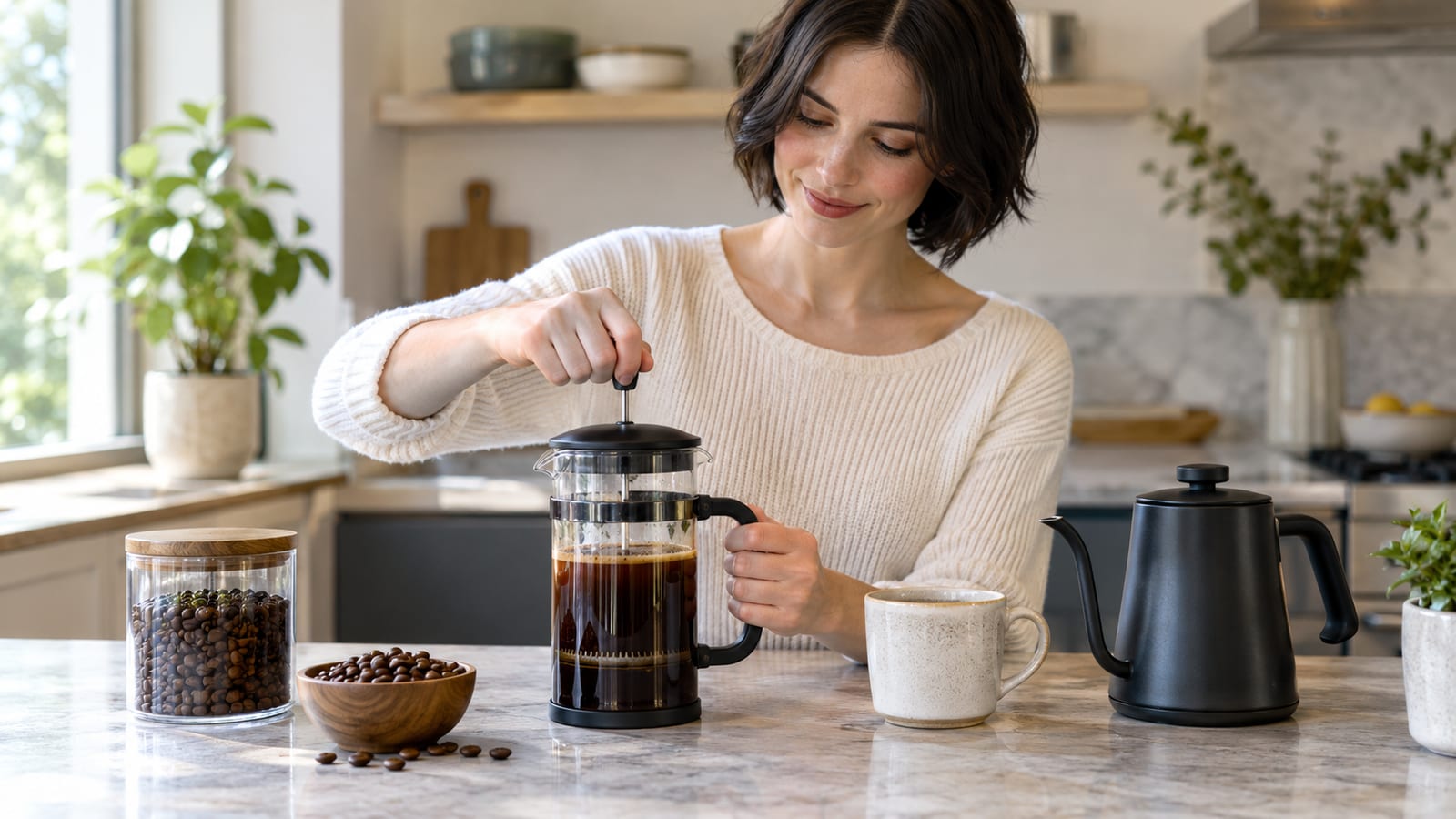 A woman presses down the plunger of a French press on a kitchen counter