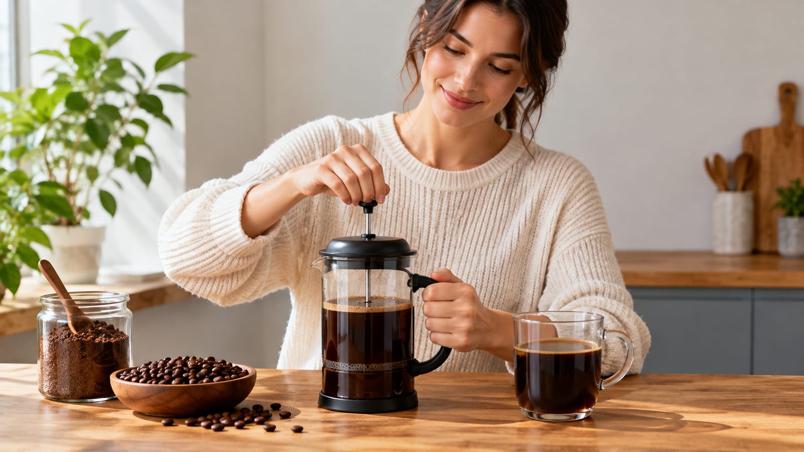 A woman pressing down a French press plunger beside a glass mug of coffee