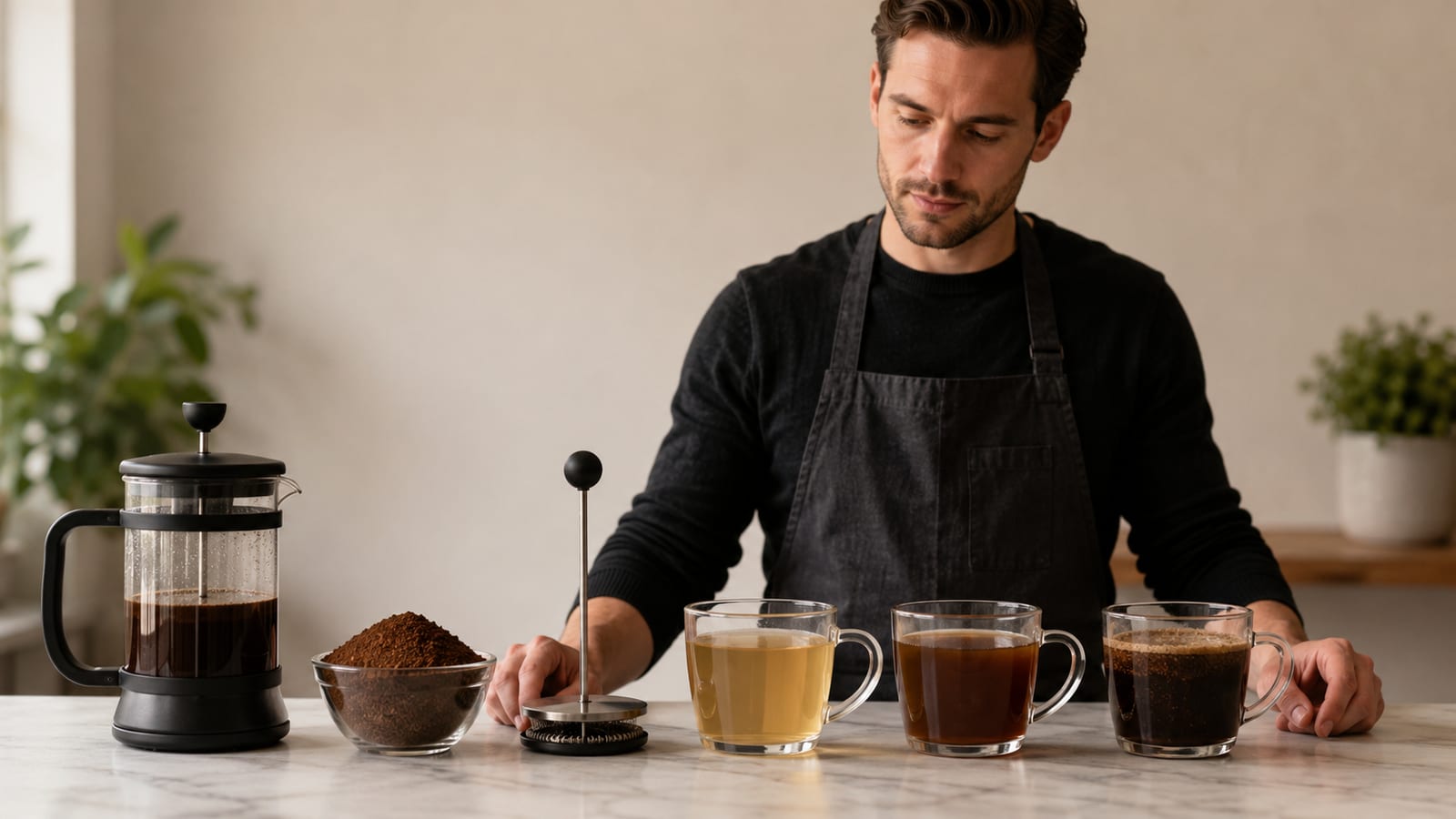 A man standing behind a French press, coffee grounds, and three glass coffee mugs