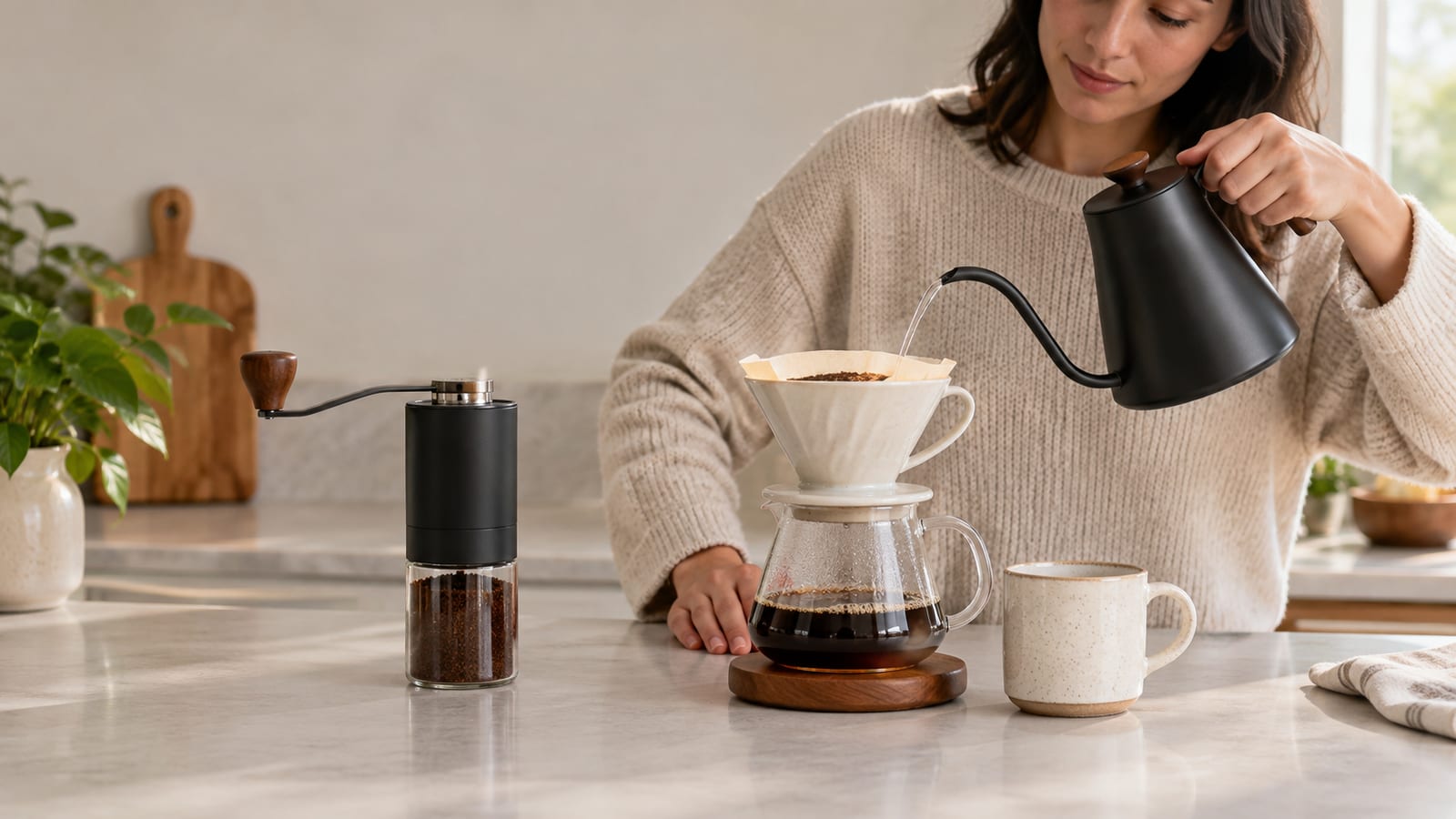 Woman pouring water from a gooseneck kettle into a pour-over dripper on a kitchen counter
