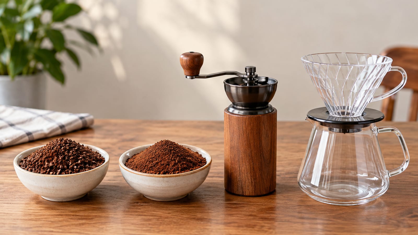 Manual coffee grinder beside two bowls of coffee grounds and a glass pour-over set