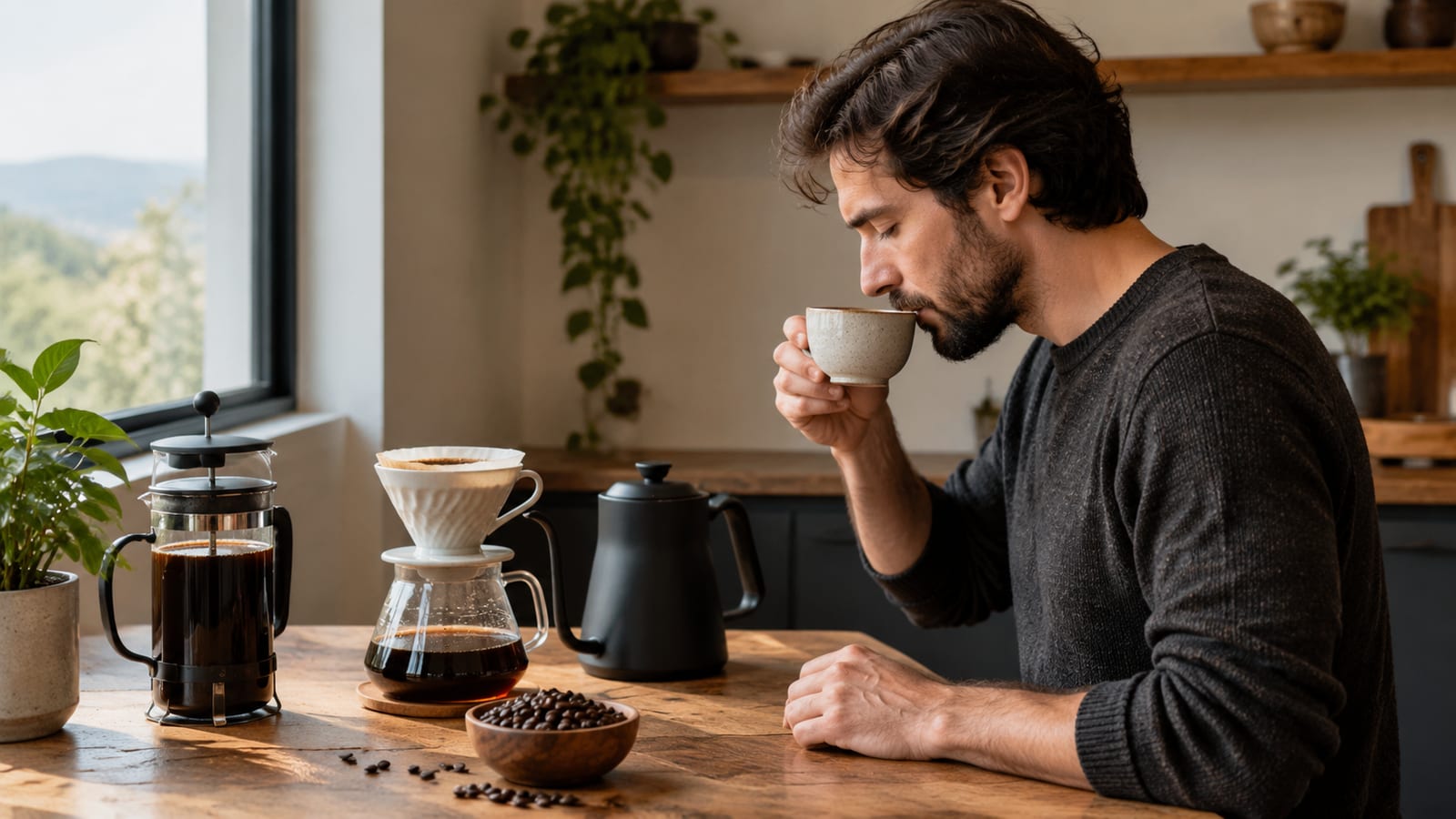 A man sitting at a wooden table sips coffee beside a pour-over dripper and kettle