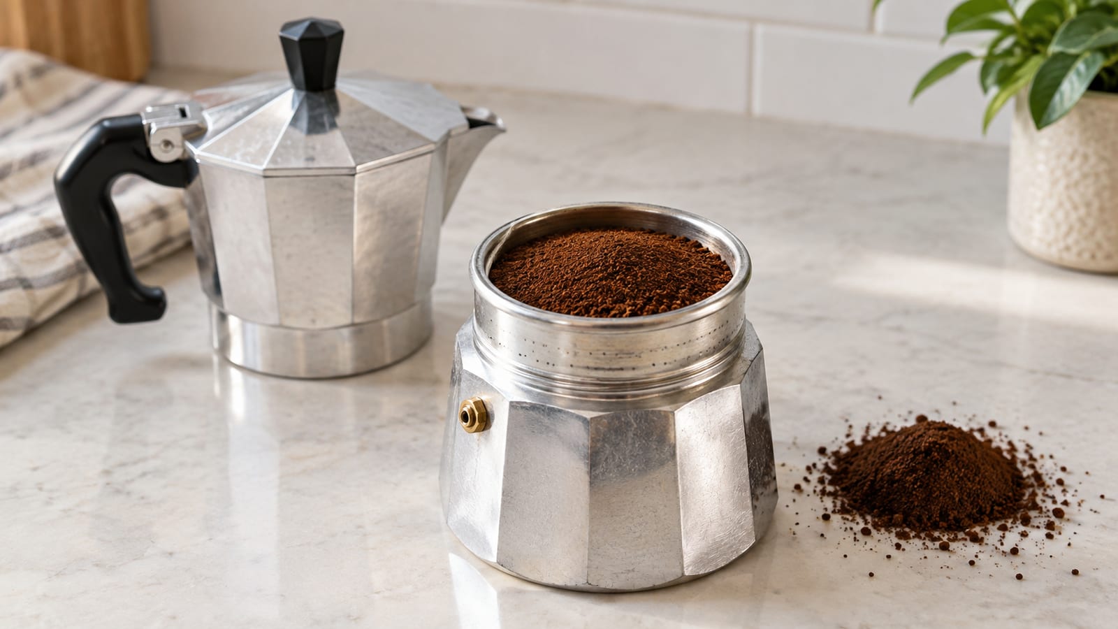 Ground coffee fills a moka pot filter basket on a marble countertop