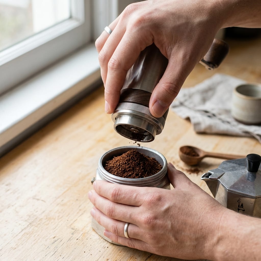 Hands holding a manual grinder above ground coffee in a moka pot on a windowsill