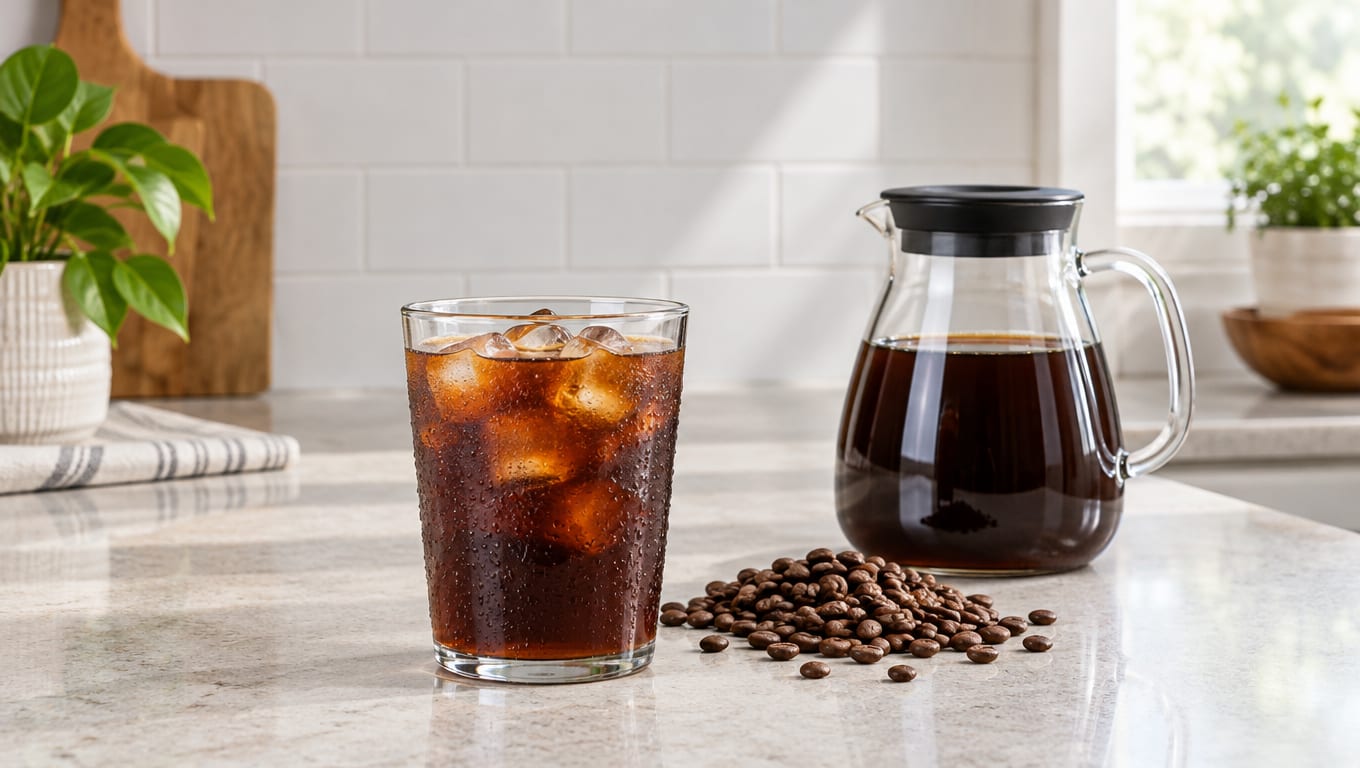Glass of iced cold brew coffee beside coffee beans and a carafe on a counter